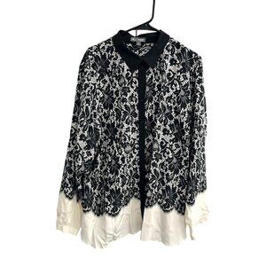 Go Silk Womens Black White Lace Print Button-Down Blouse Top 100% Silk Sz 2X